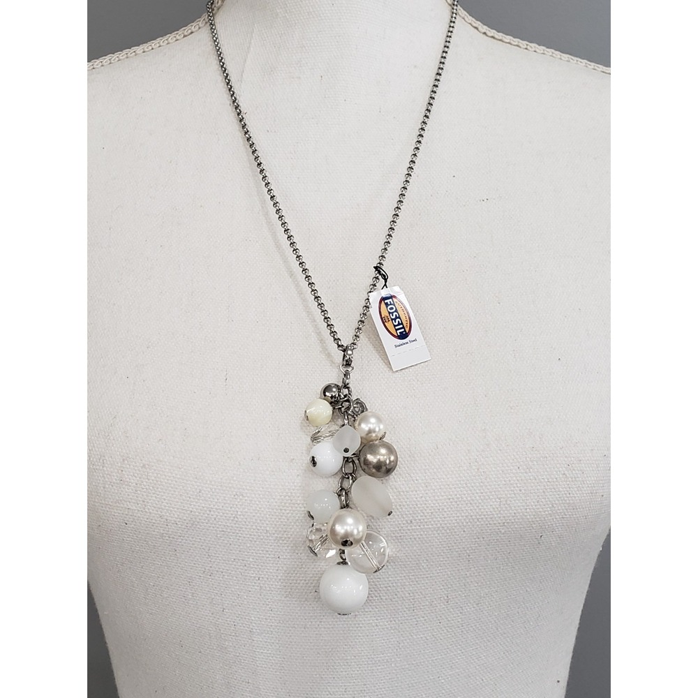 NEW Fossil Brand Silver Tone Necklace White Faux Pearl Cluster coquette dainty